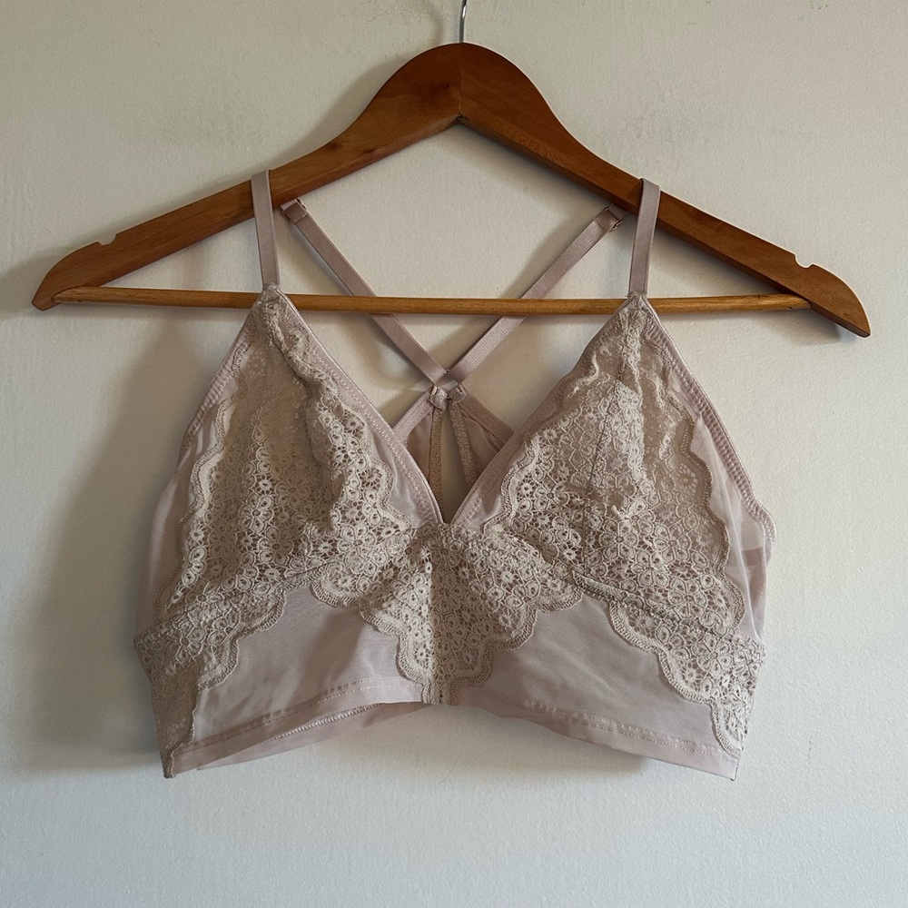 Aerie Cream Lace Mesh Racerback Adjustable Bralette size Large EUC